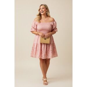 NEW Pink Floral Burnout Smocked Off Shoulder Tiered Mini Dress Plus Size XXL